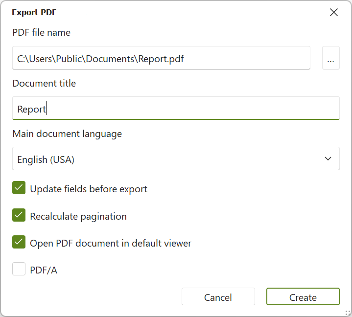 Dialog box: Export PDF