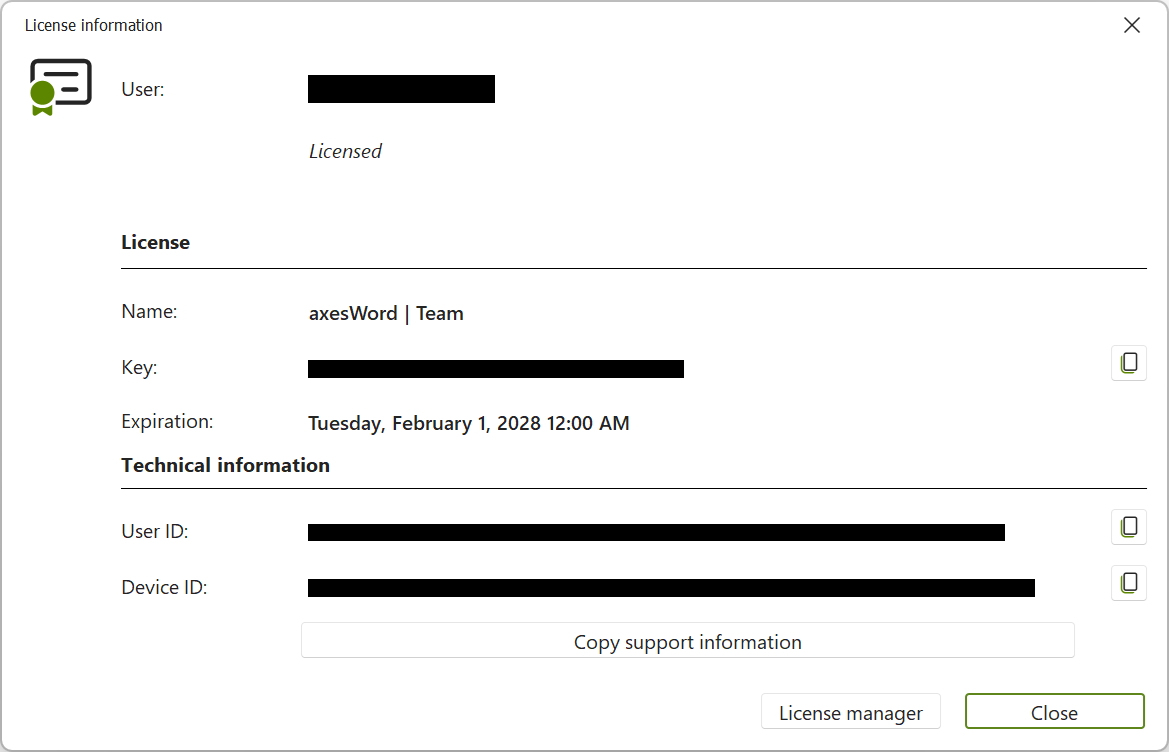 Dialog box: License information (most of the information is obscured in black)
