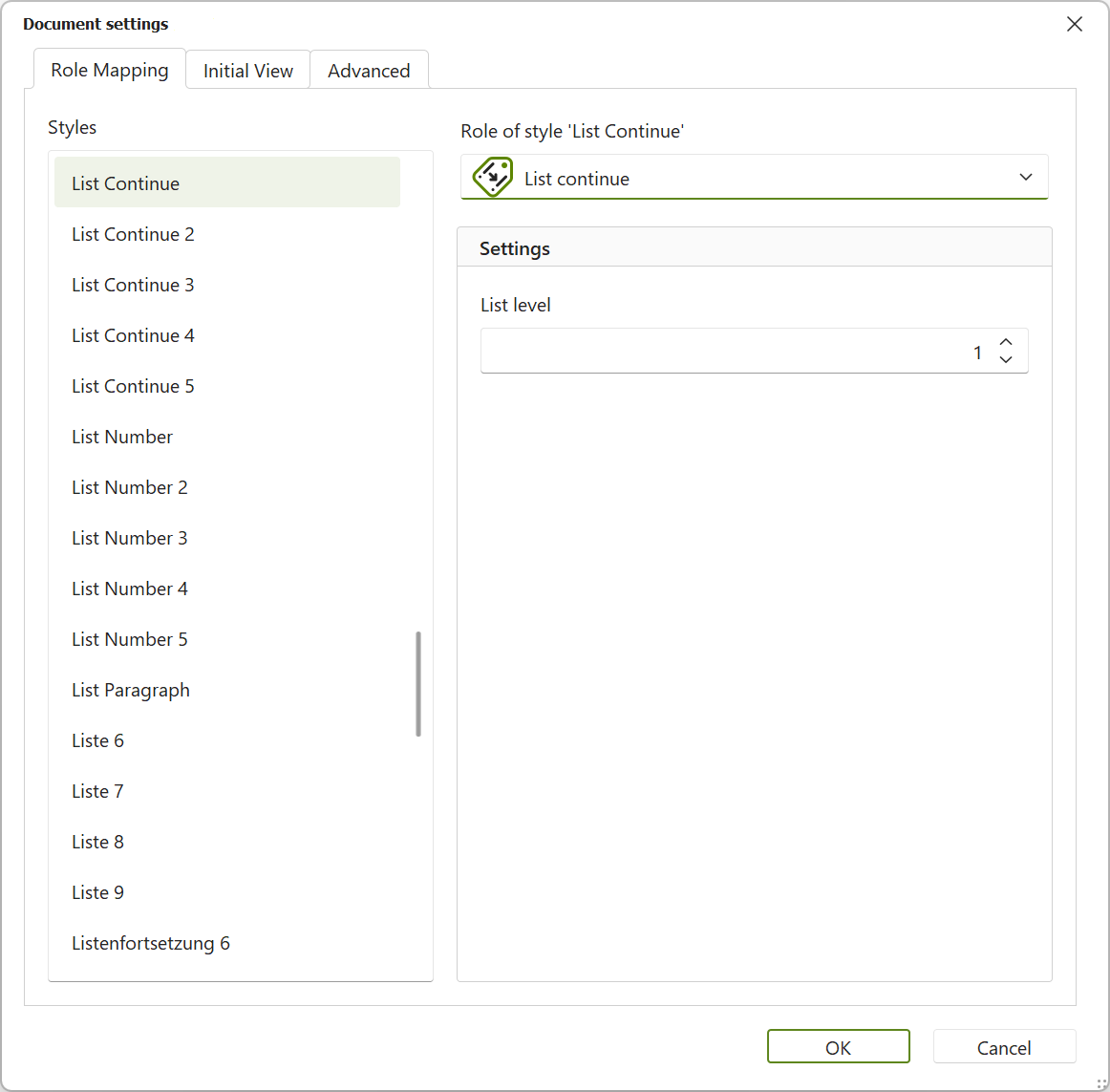 Dialog box: Document Settings; style 'List Continue' with role 'List Continue' and 'List Lvel' 1