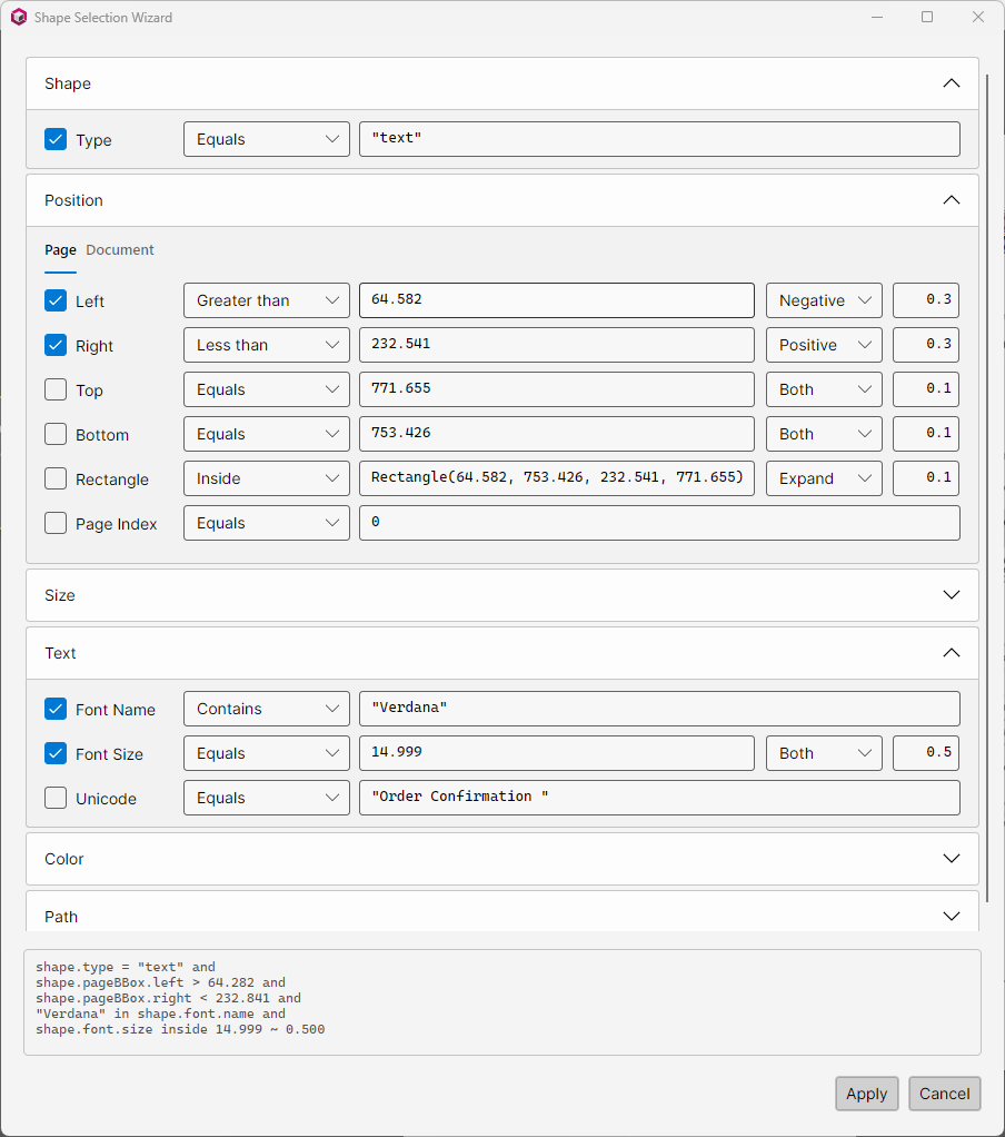 Screenshot: Shape Selection Wizard window