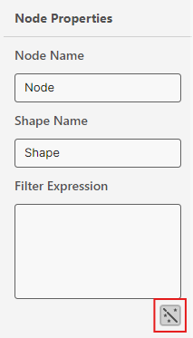 Screenshot:The Node Properties task pane for a Select Shapes node. The Shape Selection Wizard button, identified by a magic wand icon and located below the Filter Expression field, is highlighted with a red border.