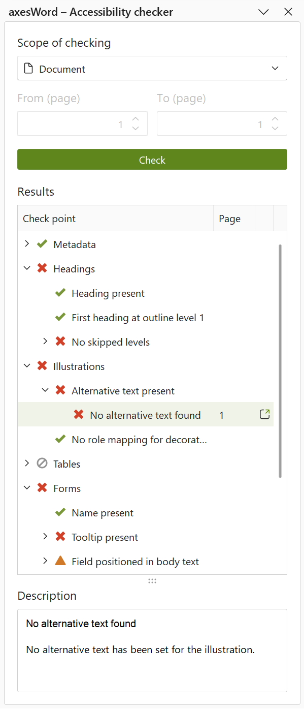 axesWord – Accessibility checker task pane: check results with a selected error message