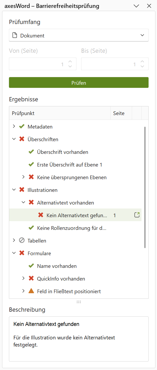 Aufgabenbereich axesWord – Barrierefreiheitsprüfung: Prüfergebnisse mit einer ausgewählten Fehlermeldung