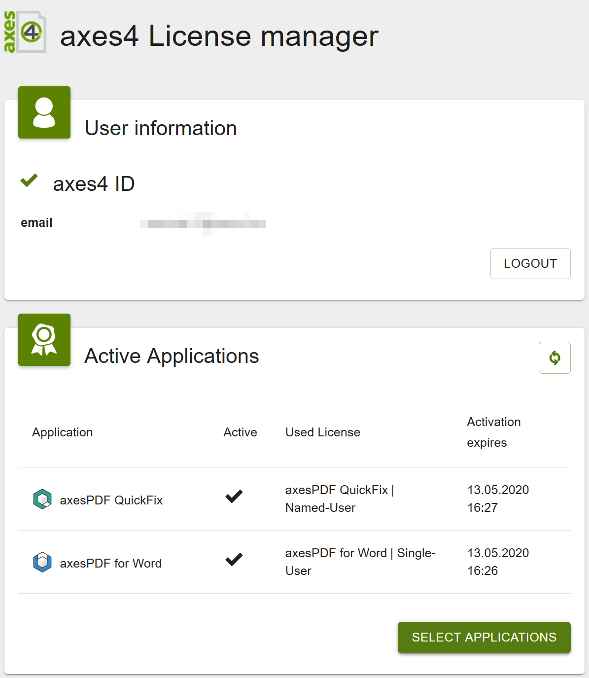 Screenshot of License Manager: Card Active Applications with activation date