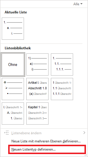 Word-Menu: Liste mit mehreren Ebenen