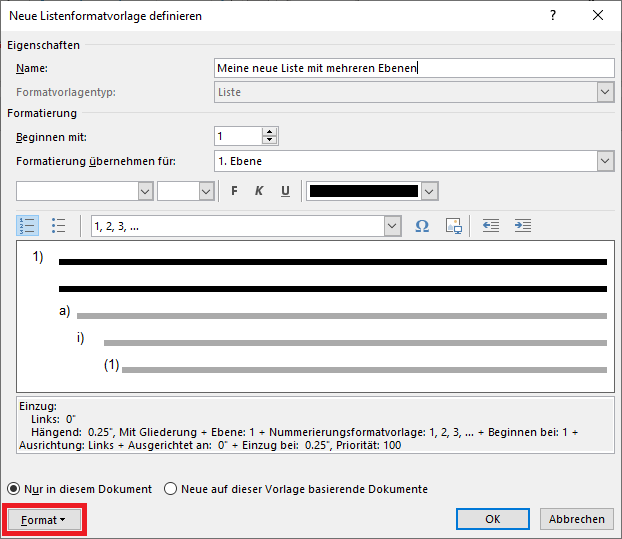 Word-Dialogfenster: Neue Listenformatvorlage definieren; Schaltfläche Format hervorgehoben