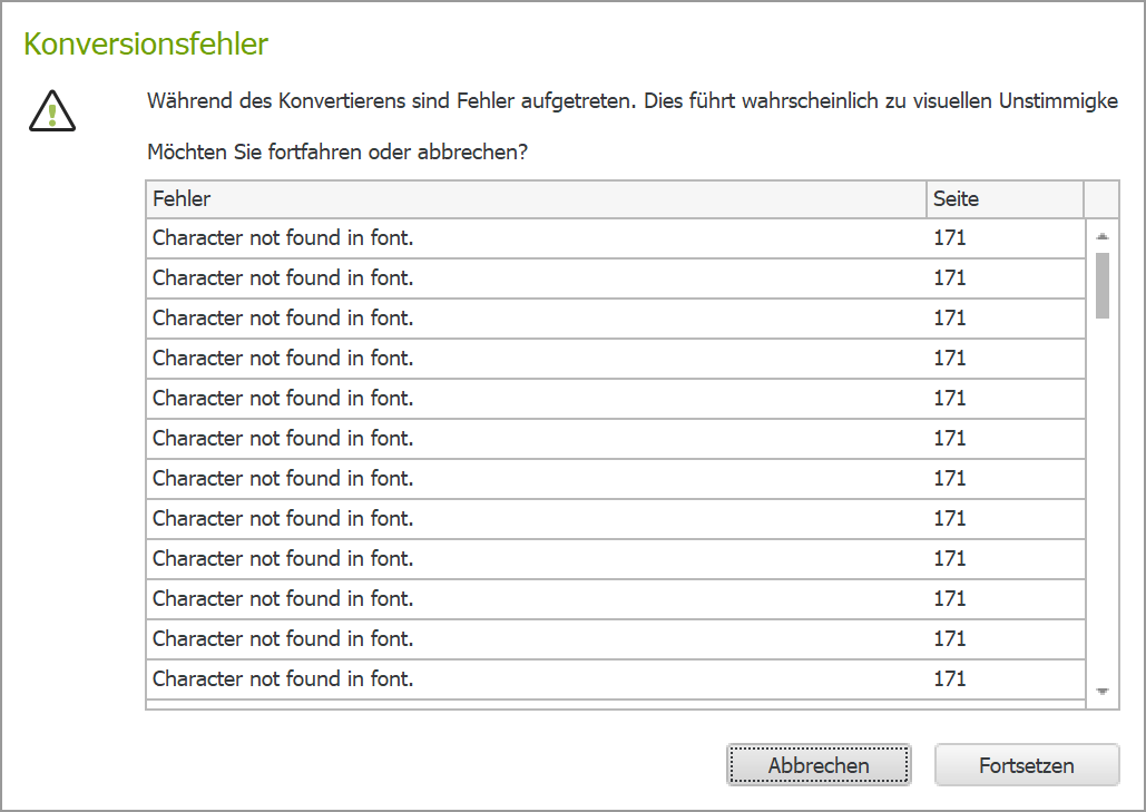 Dialogfenster: Konversionsfehler mit einer Liste des Fehlers "Character not found in font."