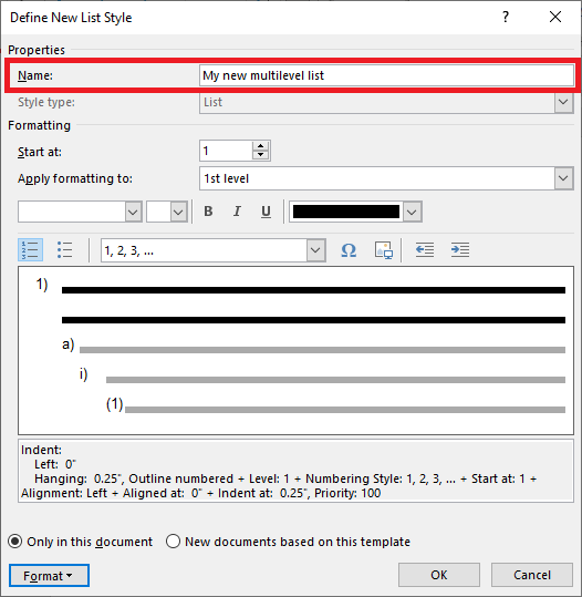 In the Define New List Style dialog, the Name field is circled in red.