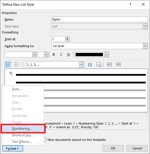 In the Define New List Style dialog, the Numbering menu item is circled in red.