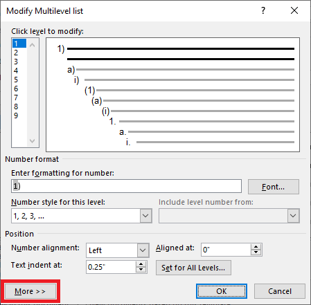 In the Modify Multilevel List dialog, the More button is circled in red.