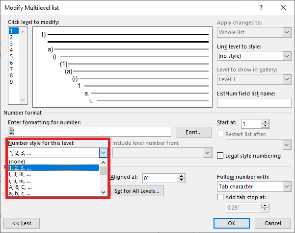 In the Modify Multilevel List dialog, in the Number style for this list, 1, 2, 3 is highlighted.