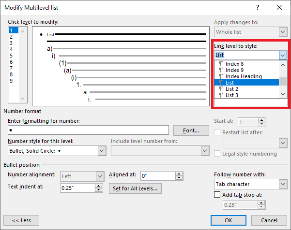 In the Modify Multilevel List dialog, the Link level to style group is circled in red and Link is the selected style.