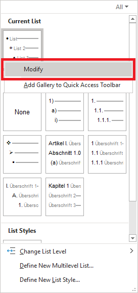 in the Modify Multilevel List dialog, the list is selected, and Modify is circled in red.