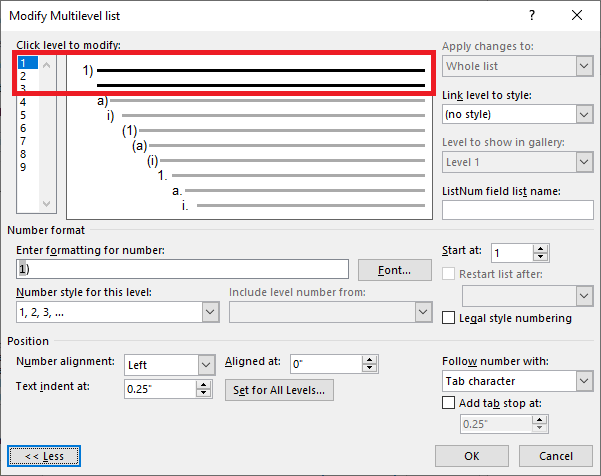 In the Modify Multilevel List dialog, in the Click Level to Modify area, the first level is circled in red.