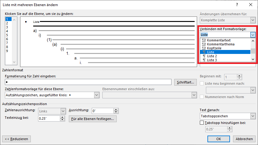 Word-Dialogfenster Liste mit mehreren Ebenen ändern; Formatvorlagenliste hervorgehoben