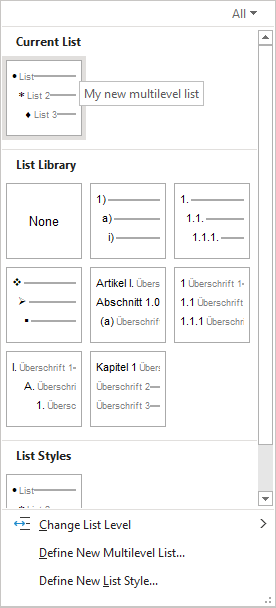 In the Multilevel List, the name of the new list: My new multilevel list is displayed.