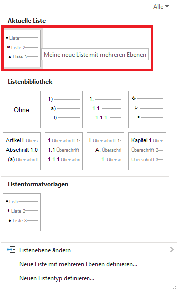 Word-Menu: Liste mit mehreren Ebenen mit der neu erstellte Liste
