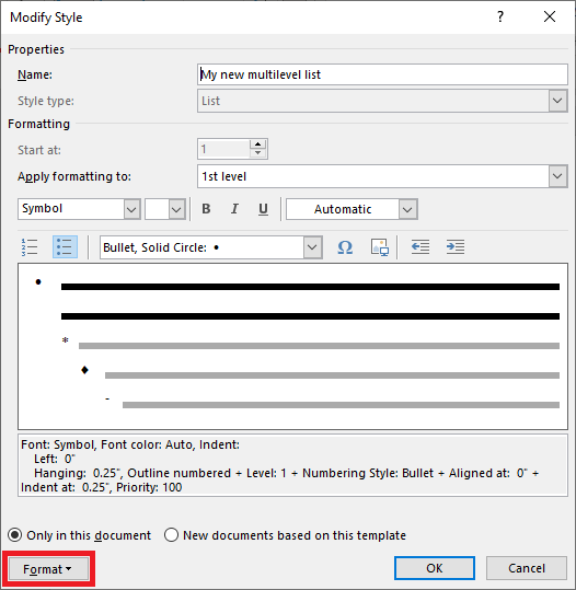 In the Modify Style dialog, the Format button is circled in red.