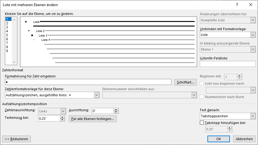 Word-Dialogfenster Liste mit mehreren Ebenen ändern;  für die ersten 4 Ebenen wurden Einstellungen vorgenommen