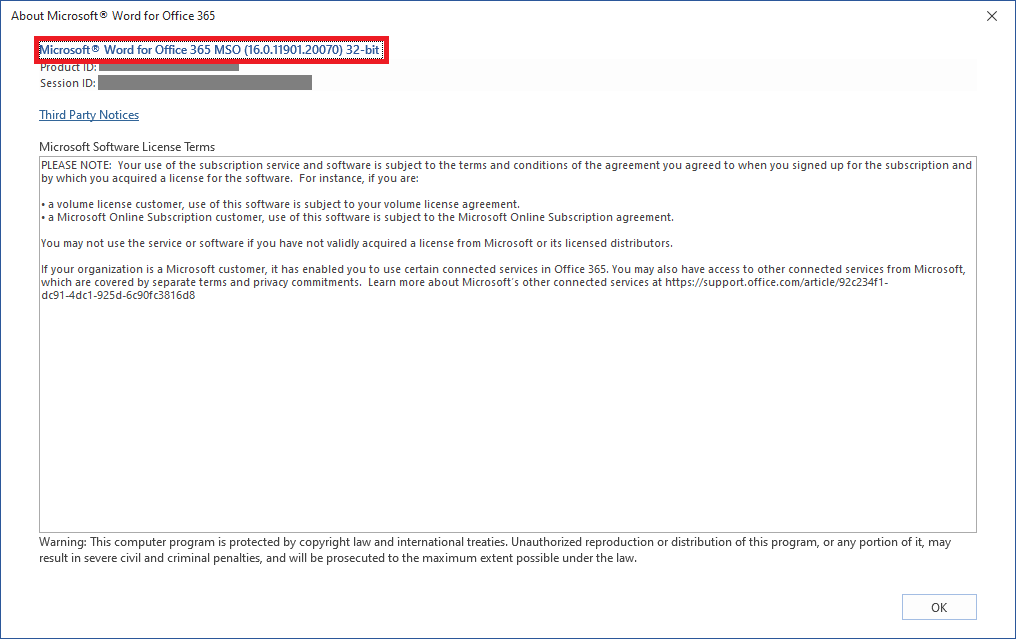 Word-Dialog box: About Word