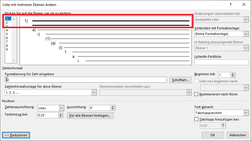 Word-Dialogfenster Liste mit mehreren Ebenen ändern; Ebene 1 hervorgehoben