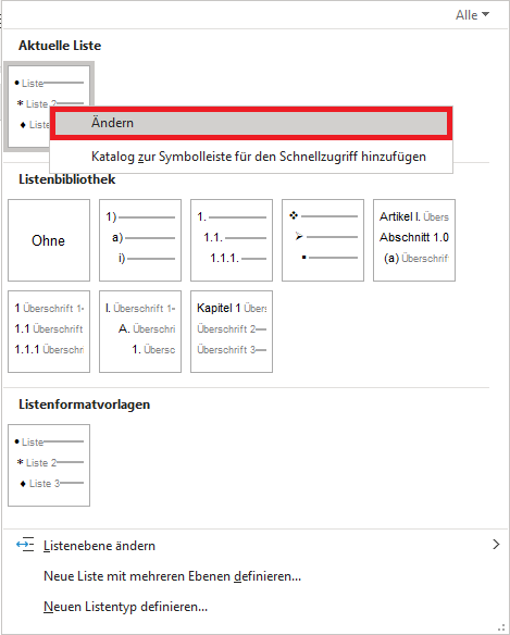 Word-Menu: Liste mit mehreren Ebenen; Kontextmenü geöffnet, Cursor auf Ändern