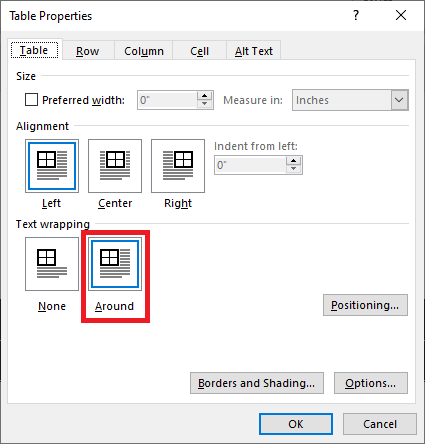 Dialog box: Table properties. The "Table" tab is open, and the text wrapping option "Around" is highlighted.