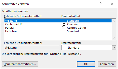Bildschirmfoto Word-Dialogfenster: Schriftarten ersetzen; es werden ersetzte Schriftarten angezeigt