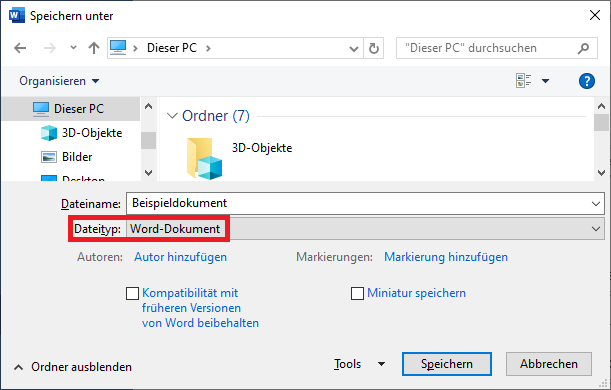 Word-Dialogfenster: Speichern unter