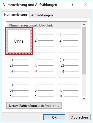 Word-Dialogfenster: Nummerierung