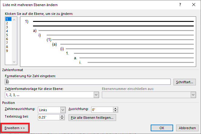 Word-Dialogfenster Liste mit mehreren Ebenen ändern; Schaltfläche Erweitern hervorgehoben