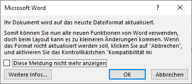 Word-Dialogfenster: Aktualisierung auf neues Dateiformat