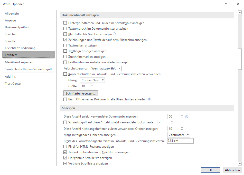 Bildschirmfoto Word-Dialogfenster: Word-Optionen - Kategorie: Erweitert
