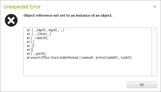 Error message: Unexpected Error. Object reference not set to an instance of an object.