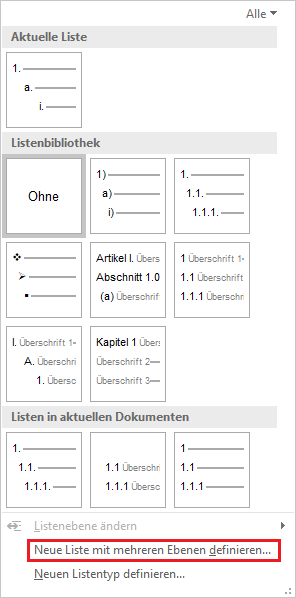 Word-Menü: Liste mit mehreren Ebenen