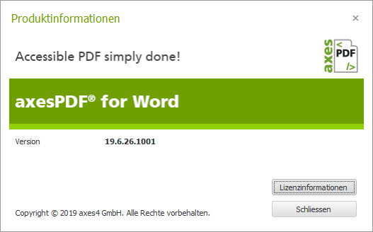 Dialogfenster: Produktinformationen