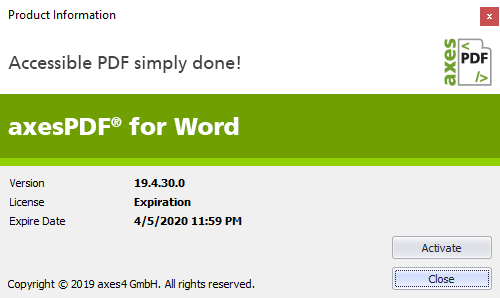 axesPDF for Word: Dialogue box: Product Information