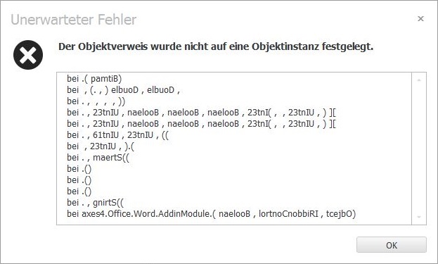 Fehlermeldung: Unerwarteter Fehler | Der Objektverweis wurde nicht auf eine Objektinstanz festgelegt.