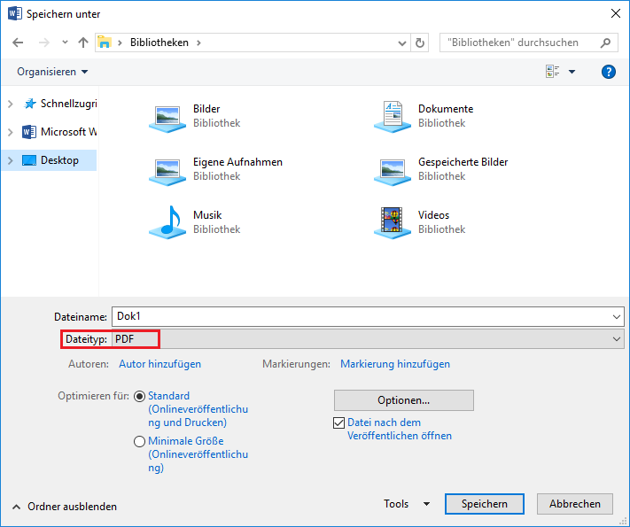 Word-Dialogfenster: Speichern unter, Dateityp ist PDF