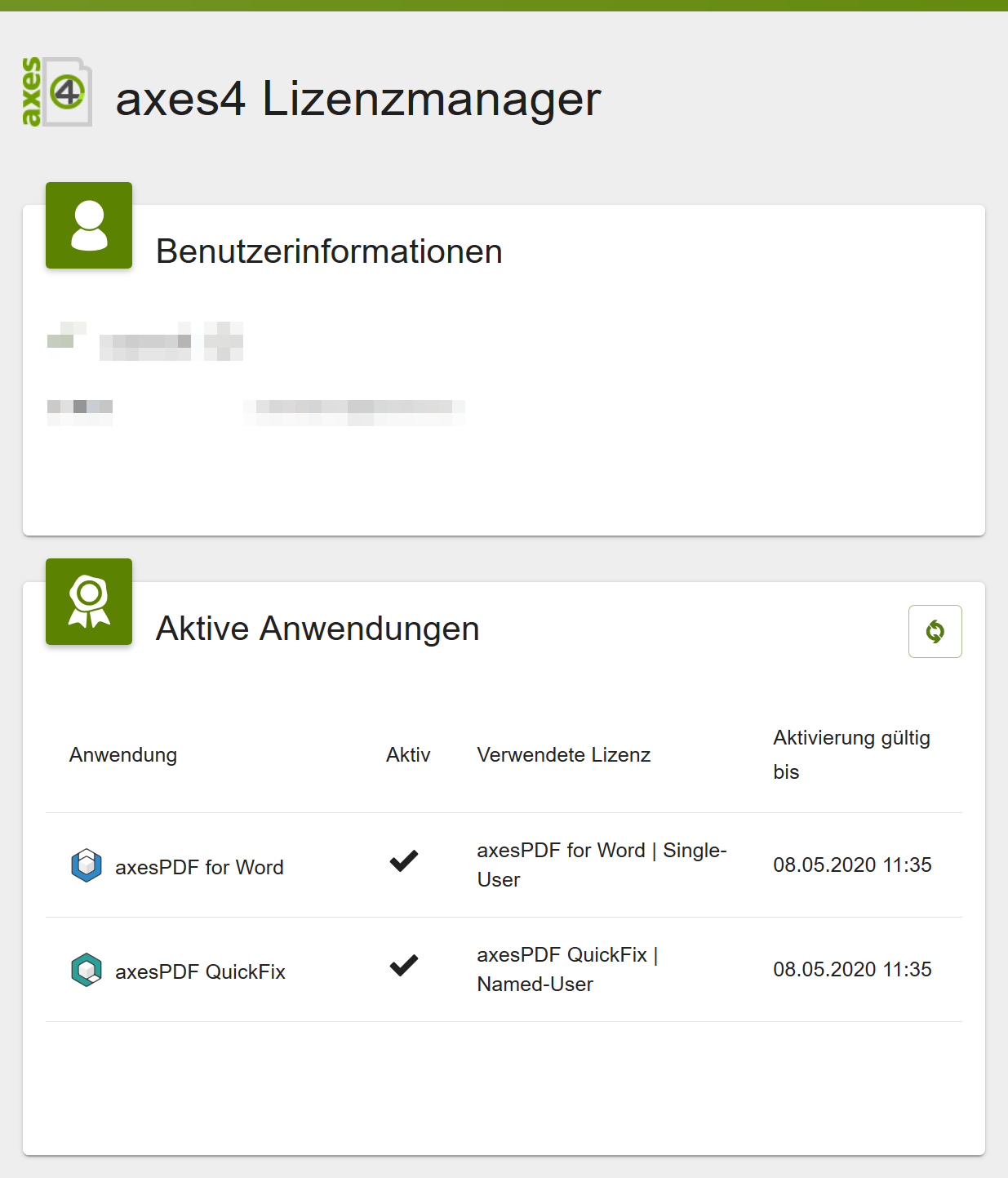 axes4 Lizenzmanager: Die ausgelisteten Anwendungen das Datum für die Gültigkeitkeit der Aktivierung ist nun verlängert.
