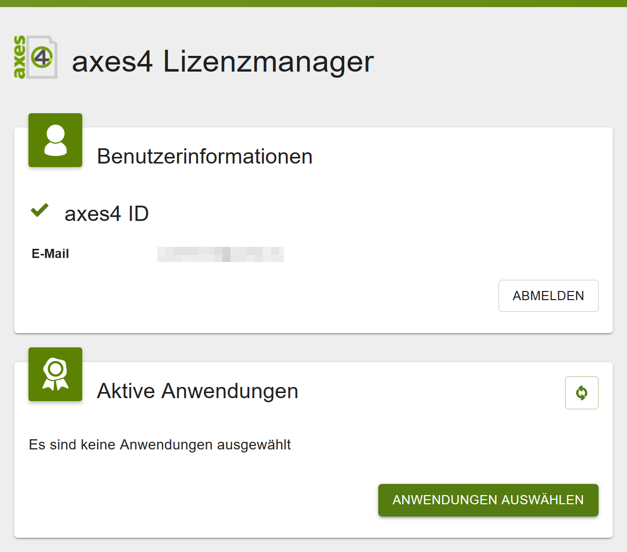 axes4 Lizenzmanager: In der Karte "Aktive Anwendungen" sind keine Anwendungen aufgelistet. In der Karte rechts unten ist die Schaltfläche "Anwendungen auswählen".