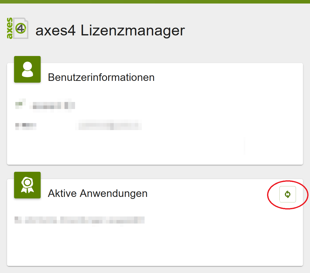axes4 Lizenzmanager: Die Schaltfläche "Aktivierung aktualisieren" mit einem runden Doppelpfeil ist hervorgehoben.
