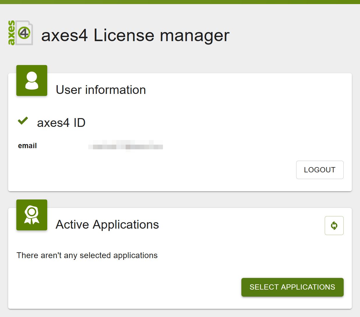 axes4 License manager: No applications are listed in the “Active Applications” card. The “Select Applications” button is located in the bottom-right corner of the tab.