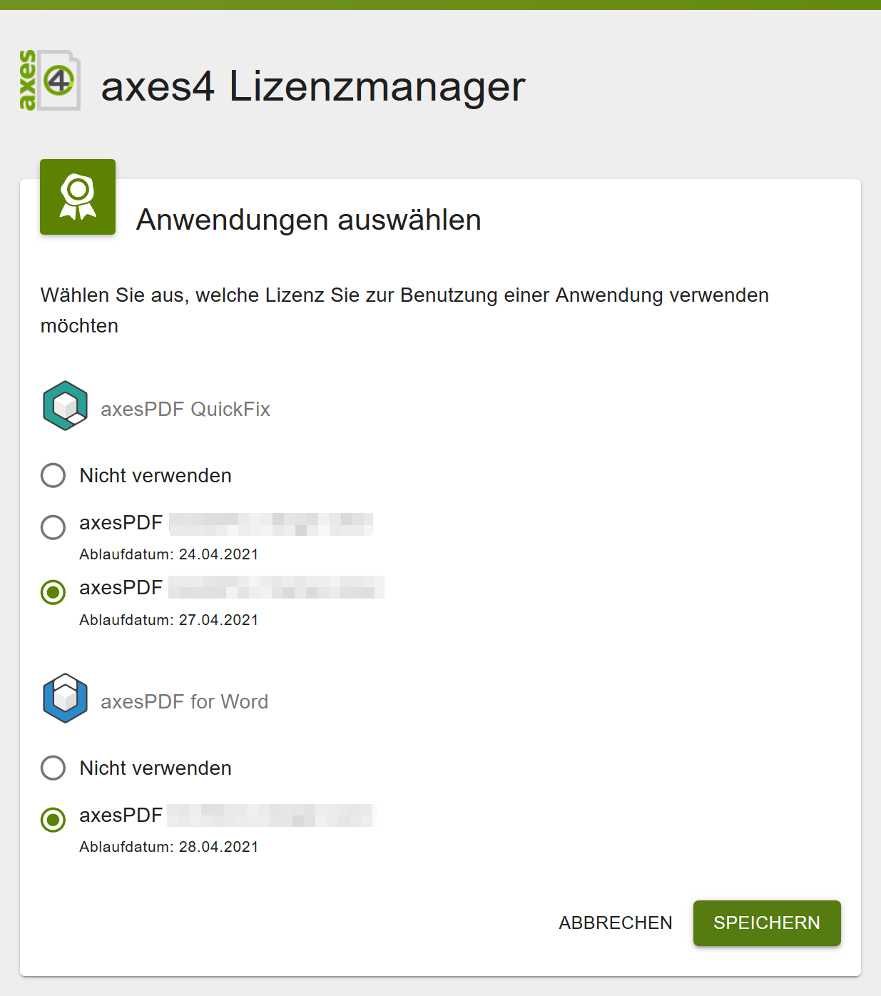 axes4 Lizenzmanager: Die Karte "Anwendungen auswählen" mit einer Liste der Anwendungen und zugehörigen Lizenzen.