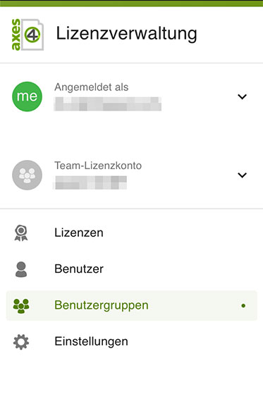 Menüleiste der Lizenzverwaltung im Team-Lizenzkonto mit den Menüpunkten „Lizenzen“, „Benutzer“, „Benutzergruppen“ und „Einstellungen“.