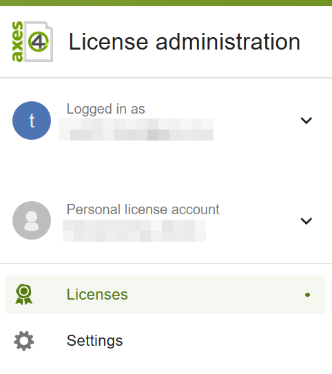 License administration menu bar in the personal license account with the menu options “Licenses” and “Settings”.