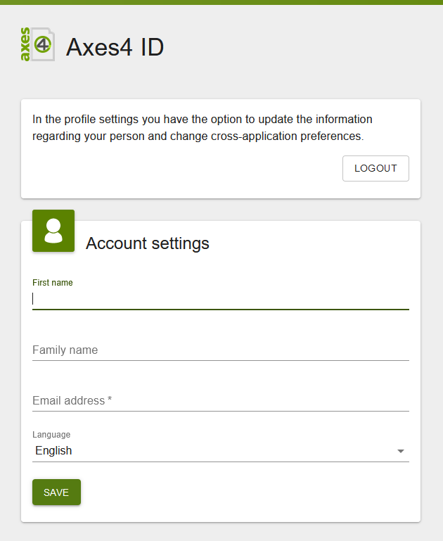 “Axes4 ID” page with a “Logout” button and the “Account settings” card with fields for first name, family name, email address and language, plus a “Save” button.