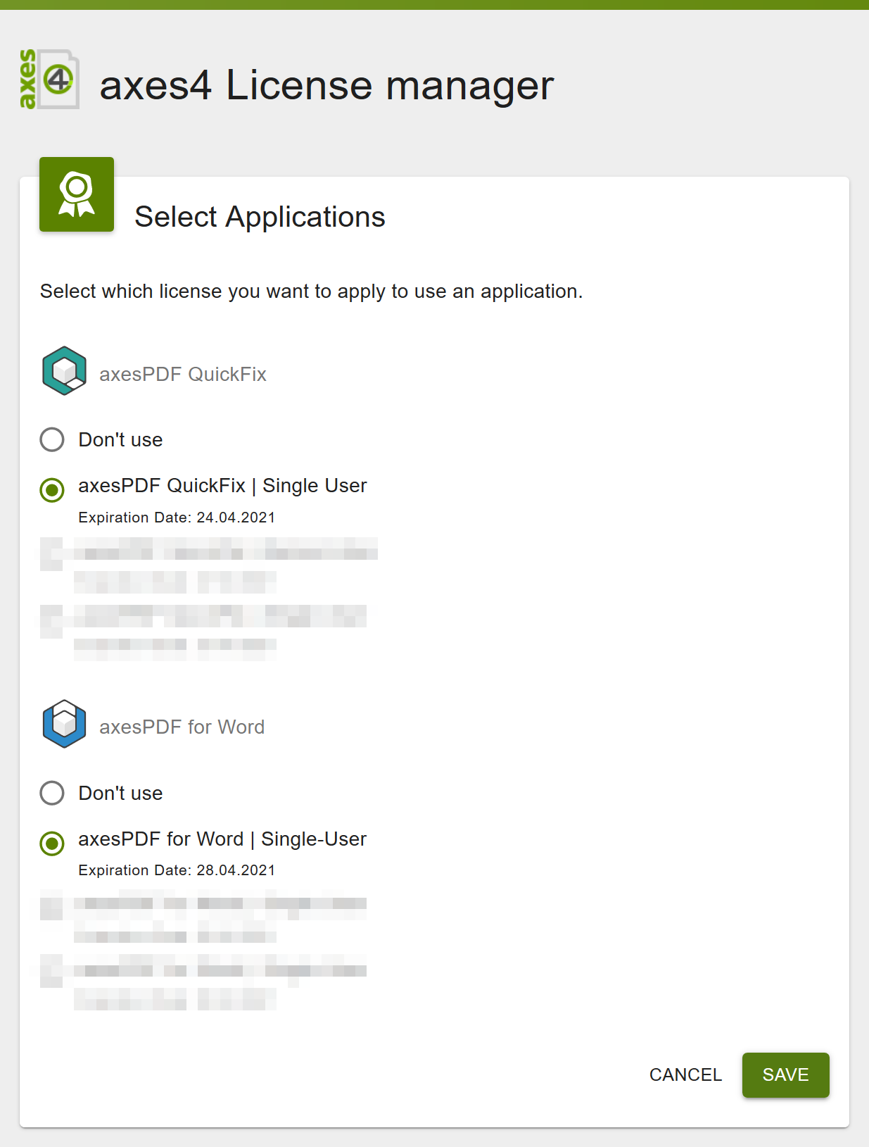 axes4 License Manager: The “Select Applications” card displays a list of applications and their associated licenses.