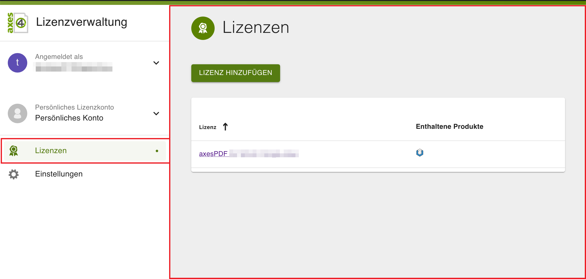 Lizenzverwaltung im persönlichen Lizenzkonto: Der Menüpunkt „Lizenzen“ ist rot markiert, rechts steht die Lizenzliste mit einer axesPDF-Lizenz und der Schaltfläche „Lizenz hinzufügen“.