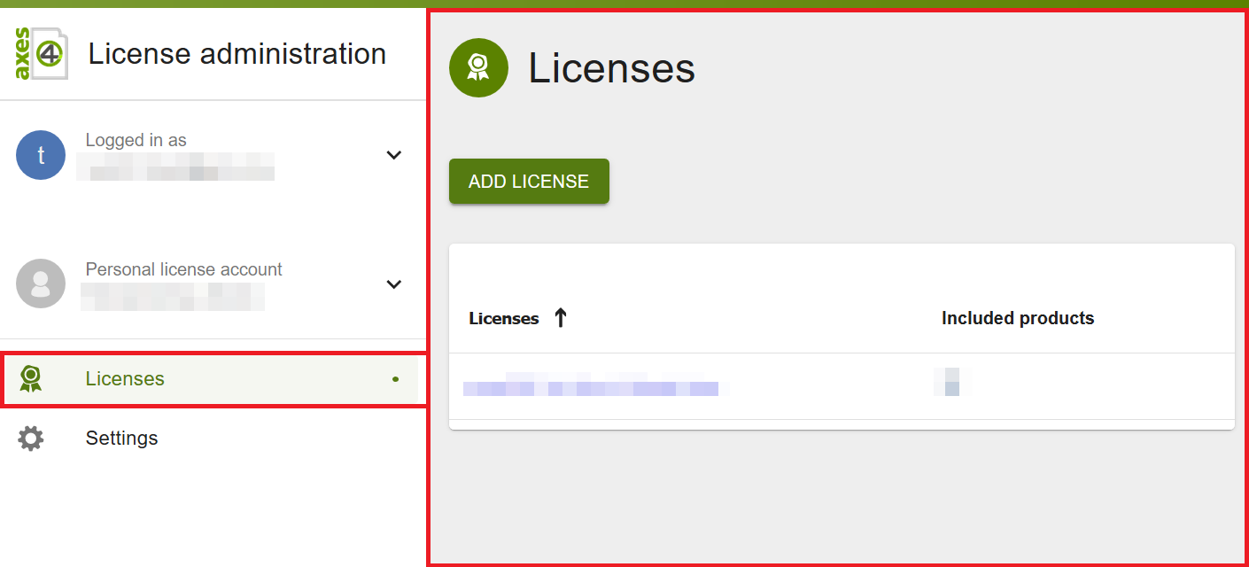 License administration in the personal license account: the “Licenses” menu item is outlined in red, with the license list and the “Add license” button on the right.